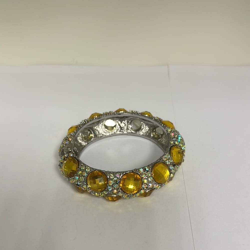 Amber Crystal Statement Bangle Bracelet Silver Tone AB Rhinestone Hinged Cuff